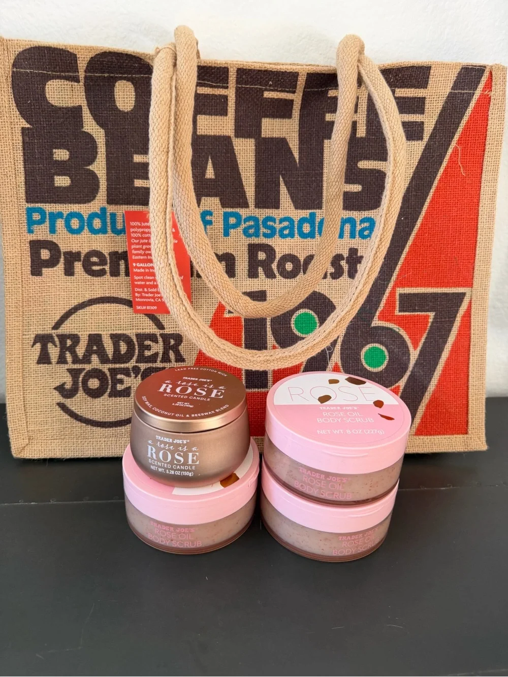 Trader Joe’s Rose Oil Body Scrub 3-Pack + Pasadena Jute Tote Bag NEW